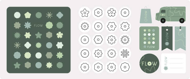 Graphic charter for creator of ephemeral events, florist, nursery, creator, bouquet, season, perfumer, producer, flower merchant, decorator, organizer, market Card, business card, sticker, label, green, color chart, color palette, spring, flowers, variety, packaging, accessory, decoration, customize, truck, bag, brand image, graphic identity, charter, brand image charter document stock illustrations