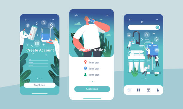 illustrations, cliparts, dessins animés et icônes de modèle d’écran intégré de la page de l’application mobile de l’équipement de filtration de l’eau. de minuscules personnages scientifiques utilisent un énorme pichet de filtre aqua - water filter