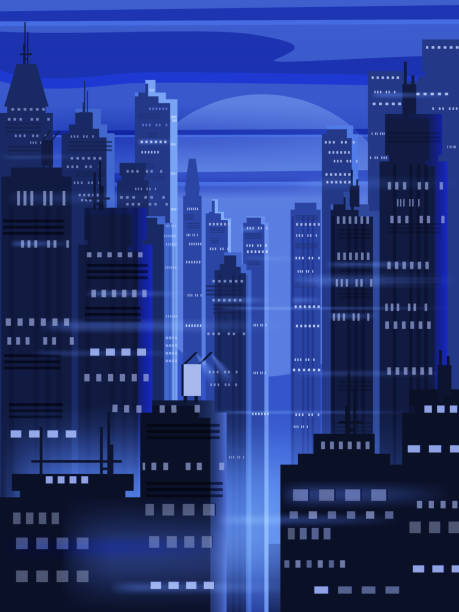 istock Night futuristic city background, bright lights, panorama, modern buildings, midnight. Vector illustration poster cover 1345994727