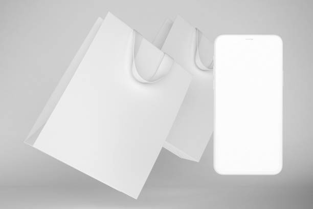 clean shopping bag with mobile - ipad shopping gift retail imagens e fotografias de stock