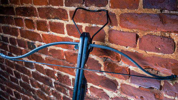 istock A modern compound crossbow handgun on the red brick wall background. Old weapon concept. 1345996468