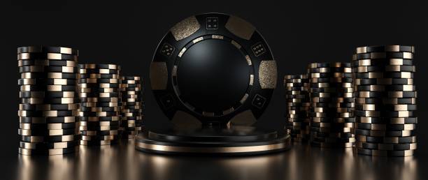 istock Modern Black And Golden Gambling Chips And Pedestal Background - 3D Illustration 1345997392