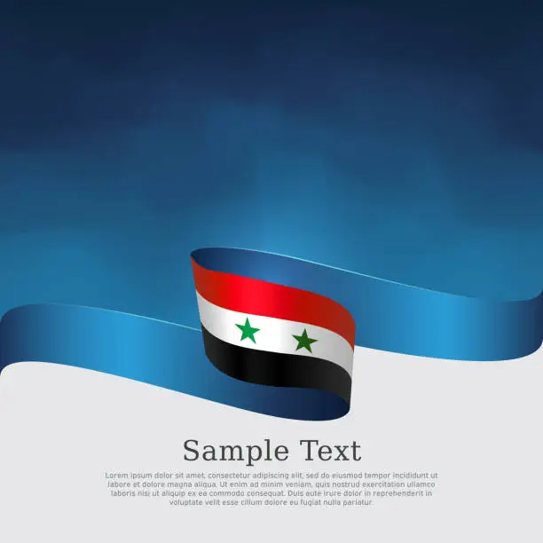 Vector illustration of Syria flag background. National syrian patriotic banner, poster. Business booklet. Syria flag wavy ribbon on blue white background. State flyer, cover. Vector tricolor brochure design