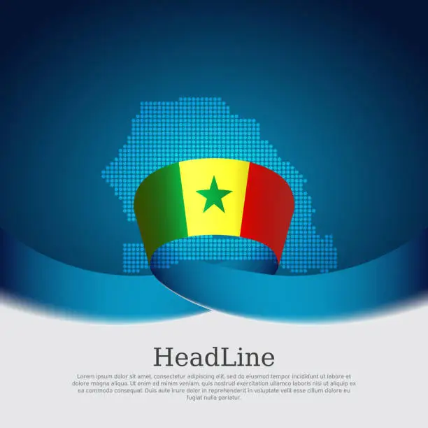 Vector illustration of Senegal flag, mosaic map on blue white background. Wavy ribbon with the senegal flag. Vector banner design, national poster. Business booklet. State senegalese patriotic flyer, brochure