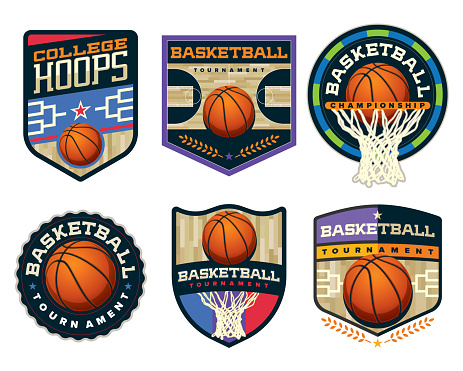 Vector illustrations of various basketball tournament and championship badges.