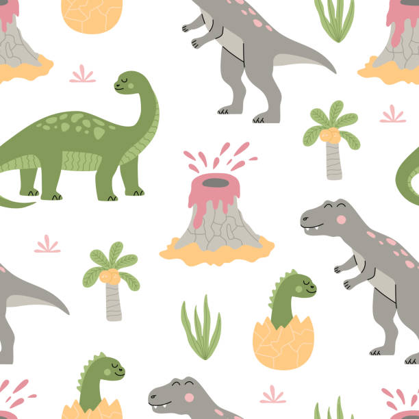 illustrazioni stock, clip art, cartoni animati e icone di tendenza di modello senza cuciture con dinosauri carini dei cartoni animati, piante tropicali, palme e vulcano - monster set pattern green