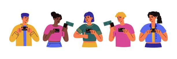 Vector illustration of Set of different people with bank cards and mobiles