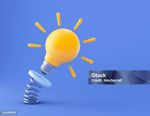 Light Bulb Jumping On Coiled Spring Stock Photo - Download Image Now - Three Dimensional, Light Bulb, Contemplation