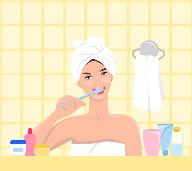 stockillustraties, clipart, cartoons en iconen met young woman with towel around her head brushing teeth in the bathroom. dental daily life concept. oral hygiene and health care. - tandenpoetsen vrouw