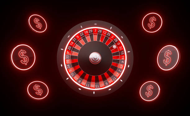istock Black Roulette Wheel And Dollar Coins With Red Neon Lights - 3D Illustration 1345999501