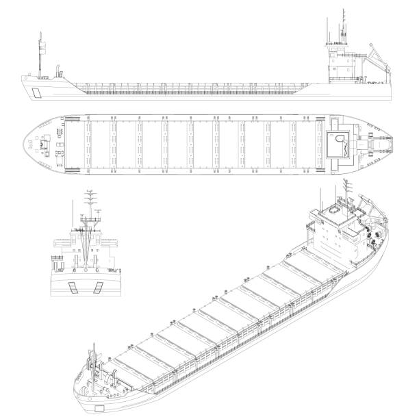 ilustrações, clipart, desenhos animados e ícones de situado com os contornos de um cargueiro para contêineres de linhas pretas isolados em um fundo branco. vista lateral, superior, frontal, isométrica. ilustração vetorial - truck close up fuel tanker semi truck