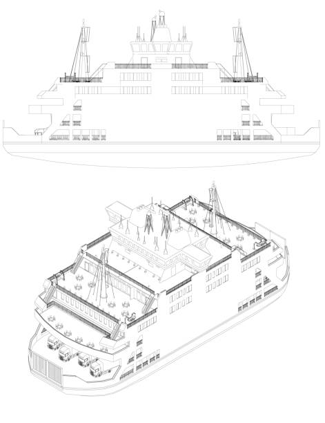 istock Liner contour of black lines isolated on white background. Passenger ship. Isometric side view. Vector illustration 1345999704