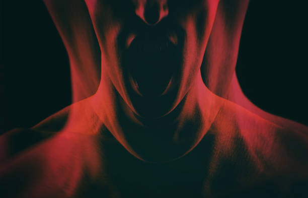 girl shouts abstraction. creepy screaming woman on a black background. double exposure. - monster horror spooky human face imagens e fotografias de stock