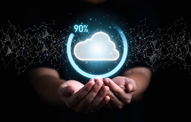 istock Businessman holding virtual cloud computing with download percentage progress for transfer data information upload download application. Technology transformation concept. 1346000753