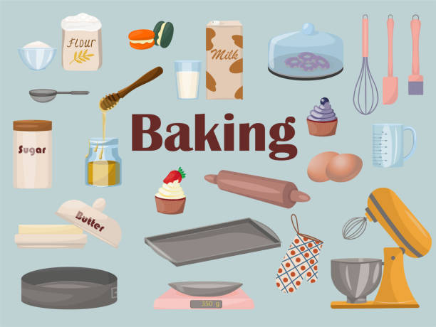 backwerkzeuge und zutaten auf dem blauen hintergrund. vektor flache illustration - baking stock-grafiken, -clipart, -cartoons und -symbole