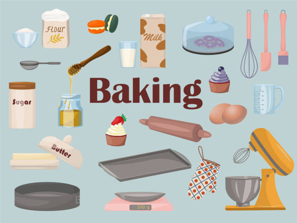 Baking tools and ingredients set on the blue background. Vector flat illustration Baking tools and ingredients set on the blue background. Vector flat illustration baking sheet stock illustrations