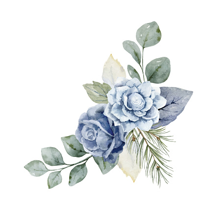 A watercolor vector winter bouquet with dusty blue flowers and branches. Christmas Illustration for greeting cards and invitations, isolated on a white background.