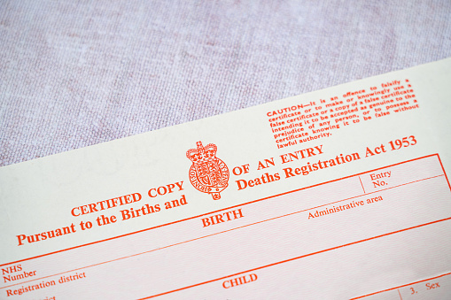 Close-up of a birth certificate - UK