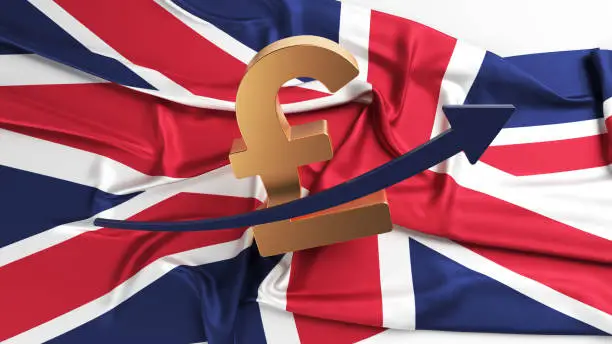 Golden Pound symbol  English flag and navy-blue arrow.On white-colored background. Horizontal composition with copy space. Isolated with clipping path.