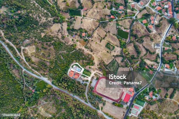Aerial Drone View Over Country Staduim In Greece Stock Photo - Download Image Now - Greece, Kozani, Above