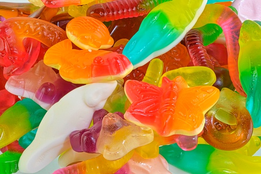 Assorted gummy candies. Top view. Jelly sweets. Colorful gummy candies, close-up.