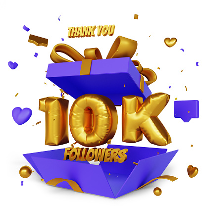 Thank you 10k followers, 3d render with open gift box congratulation concept, golden sparkling confetti ribbons,  blogger celebrate a large number of subscribers, 3d number for social media