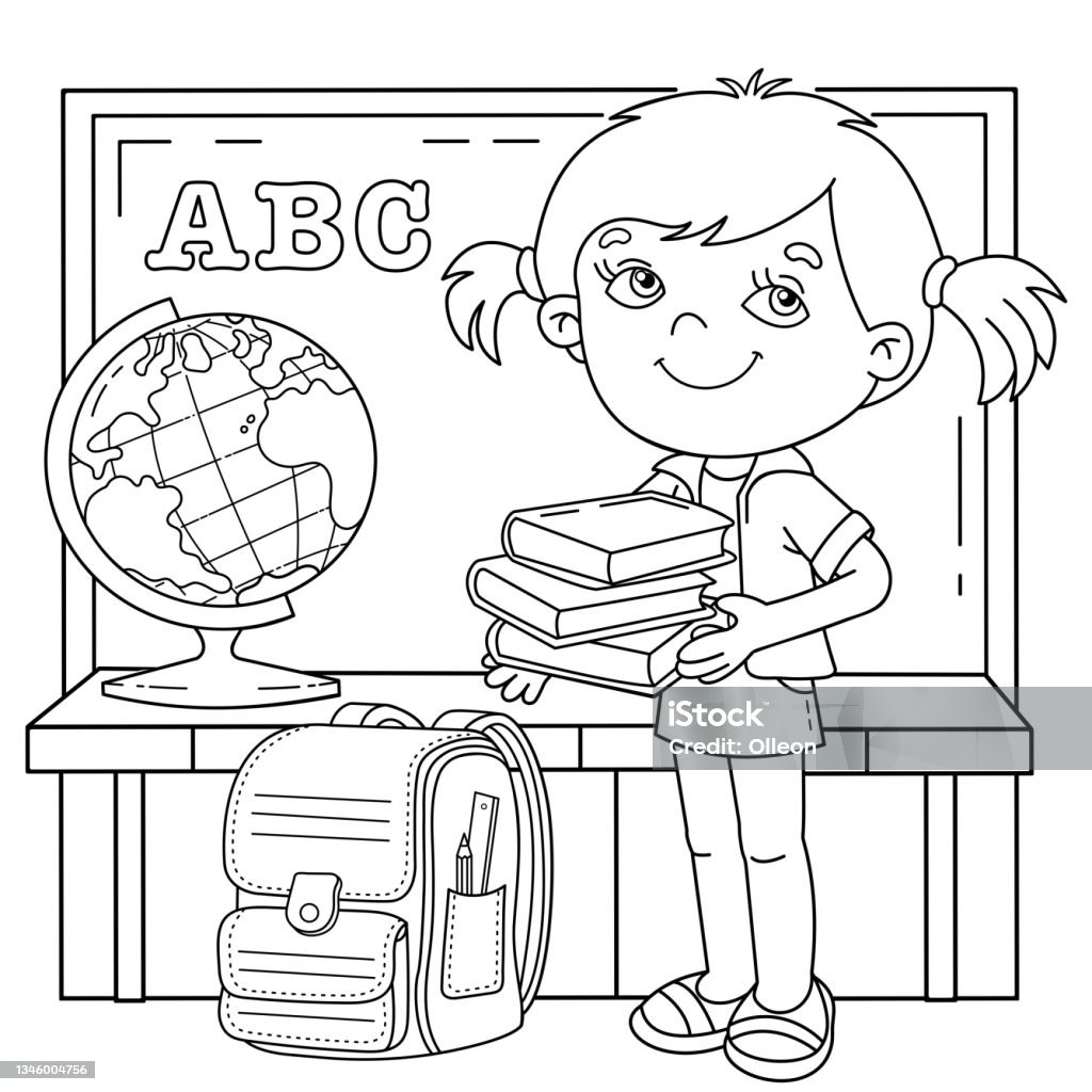 Ilustración de Dibujo Para Colorear Esquema De Niña De Dibujos Animados Con Útiles  Escolares Pequeño Estudiante O Escolar Con Globo Libros Y Cartera Lección  Escolar Libro Para Colorear Para Niños y más