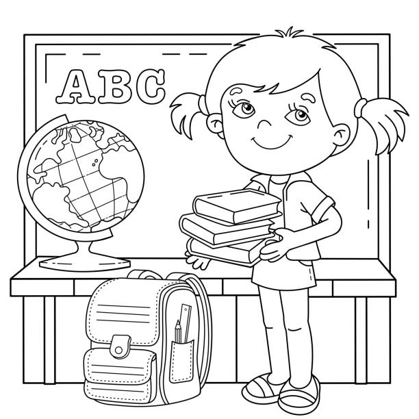  Ilustración de Dibujo Para Colorear Esquema De Niña De Dibujos Animados Con Útiles Escolares Pequeño Estudiante O Escolar Con Globo Libros Y Cartera Lección Escolar Libro Para Colorear Para Niños y más