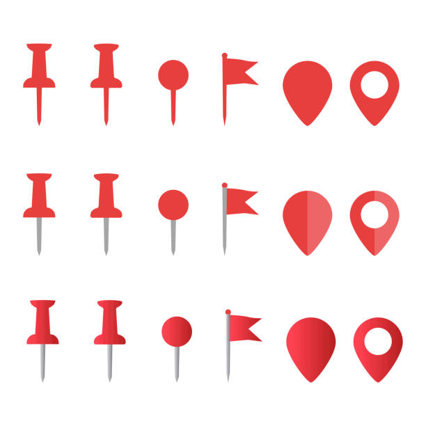 ilustrações de stock, clip art, desenhos animados e ícones de red pin map marker. icon set, flat symbol of gps location, pointer and flag signs. eps 10 - thumbtack