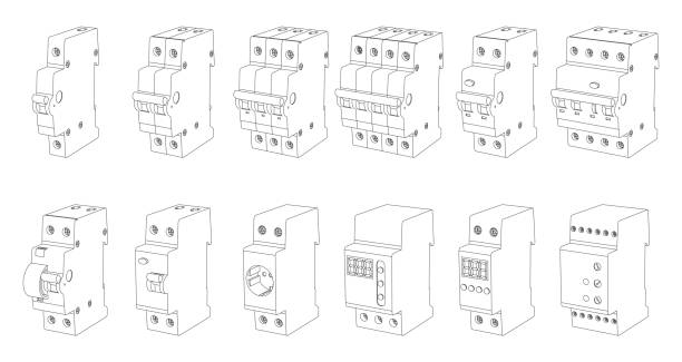 ヒューズ制御ボックス用スイッチボード要素のベクトルセット - 安全回路遮断器、リレー、残留電流遮断器 - on a row点のイラスト素材／クリップアート素材／マンガ素材／アイコン素材