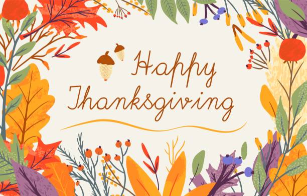 ilustrações de stock, clip art, desenhos animados e ícones de happy thanksgiving greeting cards and invitations. celebration poster with text, autumn leaves, berries for postcard, banner. vector calligraphy lettering holiday quote. - thanksgiving backgrounds autumn falling