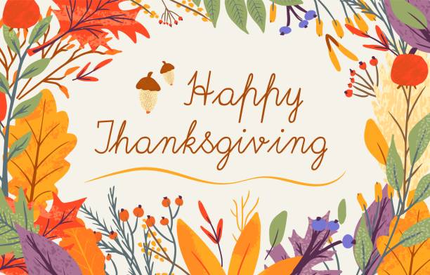Happy thanksgiving greeting cards and invitations. Celebration poster with text, autumn leaves, berries for postcard, banner. Vector calligraphy lettering holiday quote. Happy thanksgiving greeting cards and invitations. Celebration poster with text, autumn leaves, berries for postcard, banner. Vector calligraphy lettering holiday quote watercolor thanksgiving stock illustrations