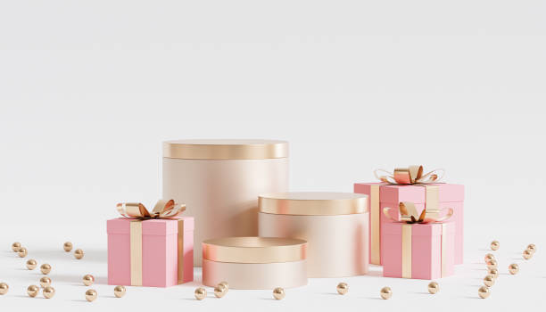 Golden podiums or pedestals for products or advertising with gift boxes, 3d render