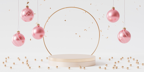 Golden podium or pedestal for products or advertising with baubles and confetti, 3d render