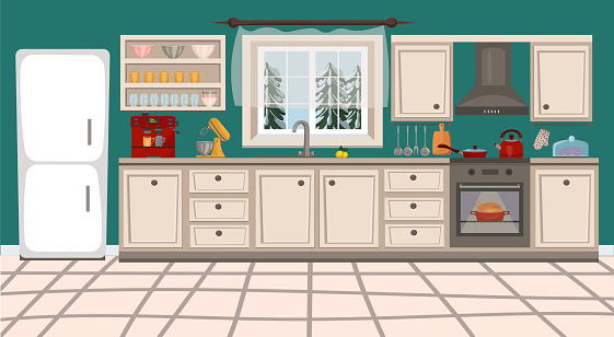 Kitchen interior with furniture, kitchen stove, kitchen utensils and household appliances. Vector illustration in flat cartoon style