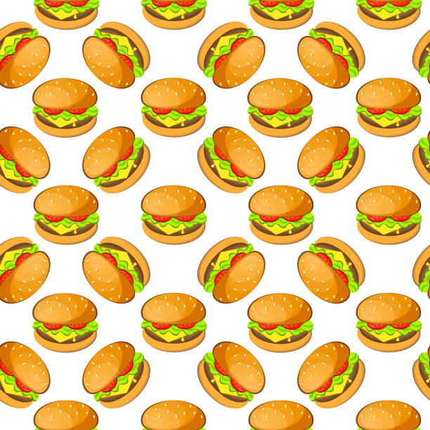 illustrations, cliparts, dessins animés et icônes de burger, hamburger, cheeseburger vecteur sans couture motif. savoureux gros hamburgers juteux avec tomate, salade et fromage sur fond blanc - white tomato backgrounds vegetable