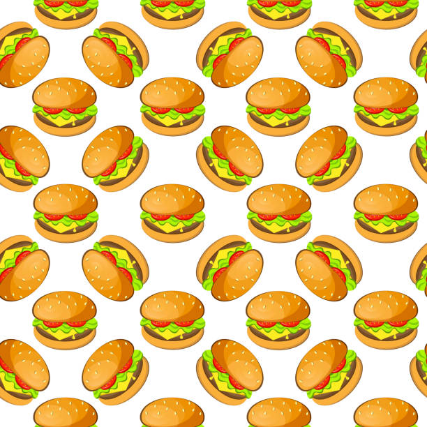 illustrazioni stock, clip art, cartoni animati e icone di tendenza di burger, hamburger, cheeseburger vettoriale senza soluzione di continuità. gustosi hamburger succosi con pomodoro, insalata e formaggio su sfondo bianco - seamless restaurant vegetable tomato