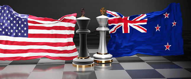 USA New Zealand summit, fight or a stand off between those two countries that aims at solving political issues, symbolized by a chess game with national flags, 3d illustration.