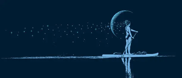 Vector illustration of Woman Paddleboarding by moonlight