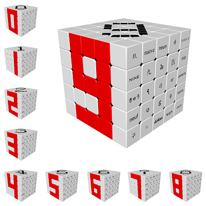 3D illustration,3D rendering,A collection of 3D Magic Cube with Number Symbol 0 to 9 in Various Languages on white background, red text on white background