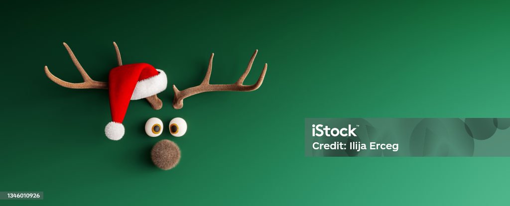 Reindeer with Santa hat on green mock up Christmas background Reindeer with Santa hat on green mock up Christmas background 3D Rendering, 3D Illustration Christmas Stock Photo