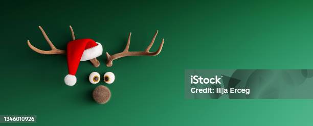 Reindeer With Santa Hat On Green Mock Up Christmas Background Stock Photo - Download Image Now