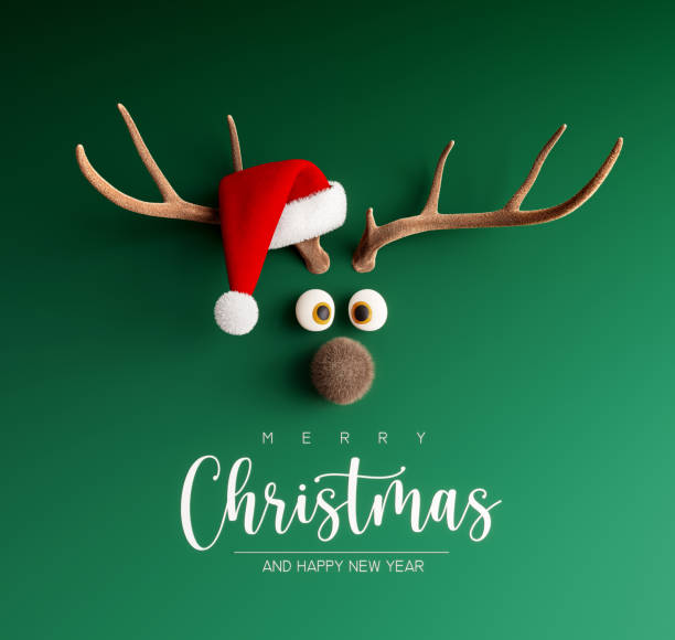 녹색 크리스마스 배경 에 산타 모자순록 - 배경 주제 이미지 뉴스 사진 이미지