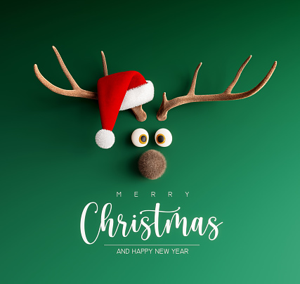 Reindeer with Santa hat on green Christmas background