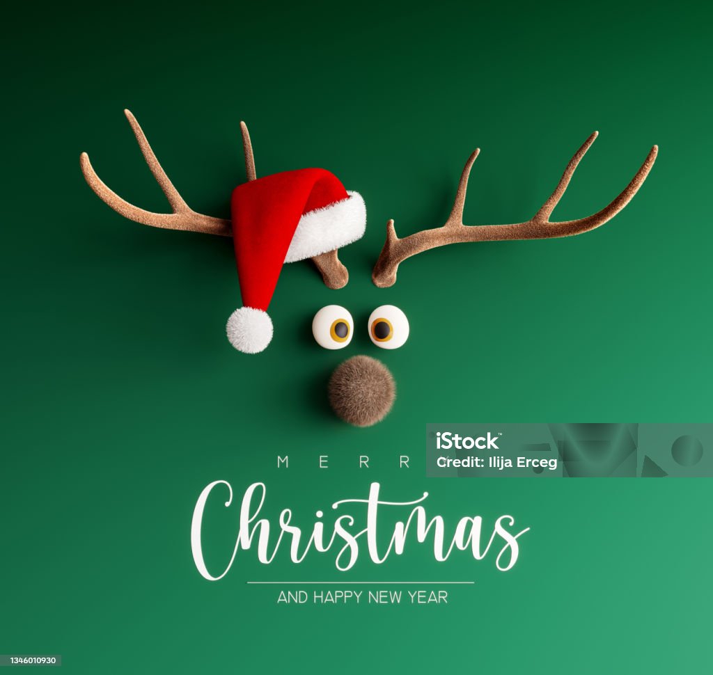 Reindeer with Santa hat on green Christmas background Reindeer with Santa hat on green Christmas background 3D Rendering, 3D Illustration Christmas Stock Photo