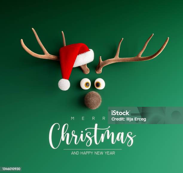 Reindeer With Santa Hat On Green Christmas Background Stock Photo - Download Image Now