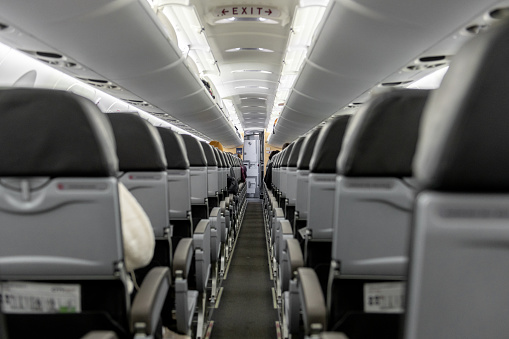 International Stockholm Arlanda Airport. Interior of SAS Airlines Airplane. CityJet Bombardier CRJ-900