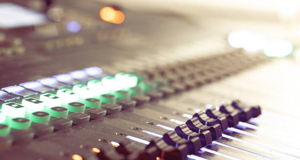 istock Close up, sound music mixer control panel on blurred background. 1346012588