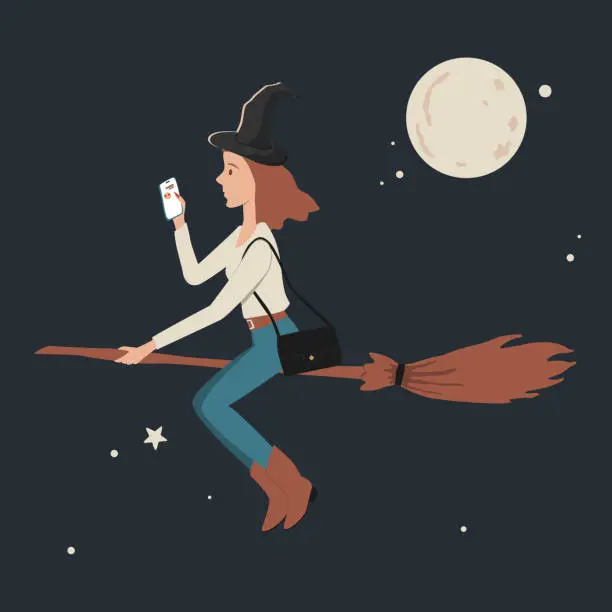Vector illustration of Halloween flying witch on a broomstick with Smartphone in her hands. Woman character. Modern flat cartoon colorful vector illustration