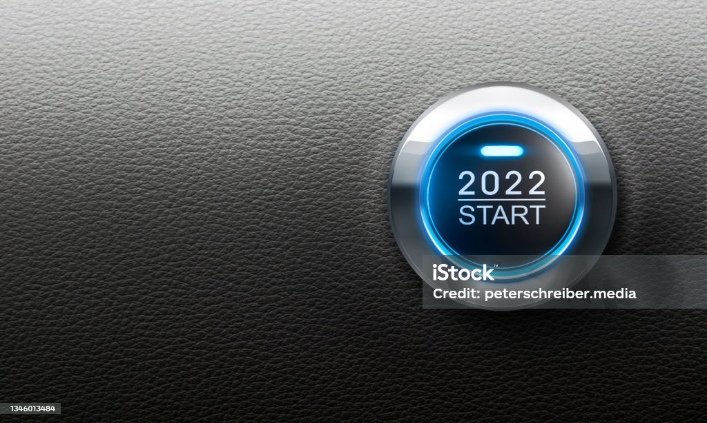 Blue start 2022 button Blue start 2022 button on black leather background with copy space Car Stock Photo